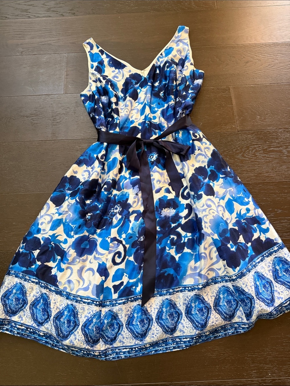 Adrianna Papell Blue and White silk Floral Fit-and-Flare Dress with Navy Ribbon